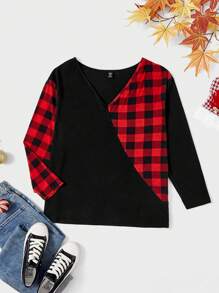 SHEIN LUNE 大碼格子圖案落肩T恤 - 彩色 - 查看 1