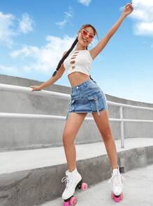 Flap Pocket Buckle Detail Denim Skirt - Rửa nhẹ - Xem 4