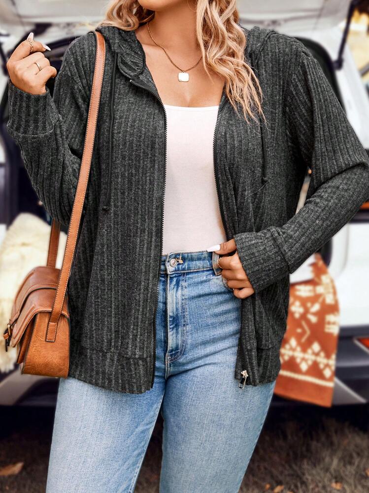 Talla grande Abrigo con capucha con cremallera con cordón - Negro - Ver 1