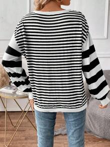 SHEIN LUNE Pullover mit Streifen Muster, Drop Shoulder - Schwarz - Übersicht 2