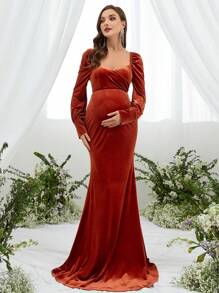 Đầm nhung cổ tim thanh lịch cho bà bầu, dự tiệc - Rỉ Nâu - Xem 1