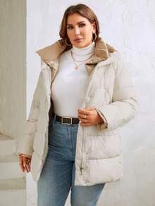 HaiLuoZi Plus Zip Up Snap Button Hooded Down Coat - Beige - View 5