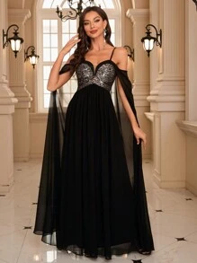 Cold Shoulder Contrast Sequin Prom Dress - Black - View 6