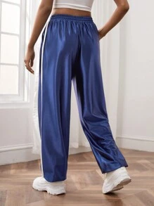SHEIN EZwear Women Pants Kolor Ditambal Kantong Huruf Casual - Navy Blue - View 2