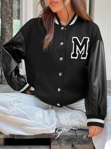 SHEIN EZwear Letter Patched Striped Trim Drop Shoulder Varsity Jacket - Black - View 5