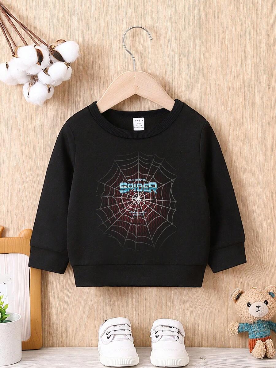 Baby Boy Letter & Spider Web Print Sweatshirt - Black - View 1