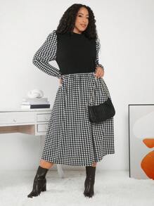 SHEIN CURVE+ 女士加大碼犬牙紋花紋連衣裙 - 黑與白 - 查看 6