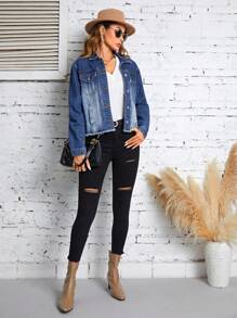 SHEIN LUNE Giacca in denim tasca con patta bordo grezzo - Blu lavato medio - Visualizzare 5