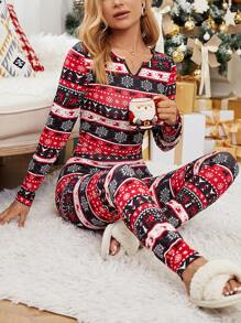 SHEIN LUNE 聖誕圖案缺口V領彈力緊身連體褲 - 彩色 - 查看 3