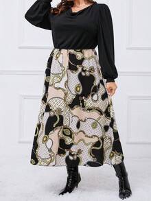 SHEIN Clasi 大碼錬條圖案垂領燈籠袖洋裝 - 彩色 - 查看 4