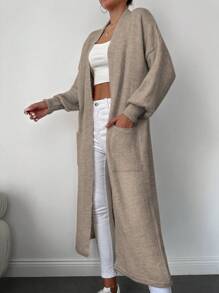 Dual Pocket Drop Shoulder Open Front Longline Duster Cardigan - Camel - View 5