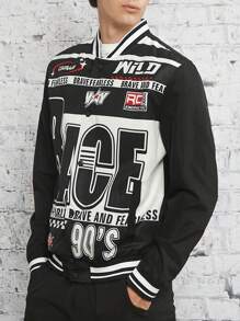 Manfinity VCAY Loose Men Letter Graphic Striped Trim Jacket, For Fall Winter - Multicolor - View 3