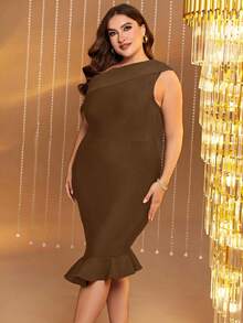 Hơn Một bờ vai Xù Hoa Sen Váy bodycon - màu nâu - Xem 6