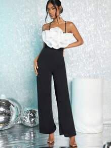 SHEIN BAE 拼接荷葉邊吊帶連體褲 - 黑與白 - 查看 1