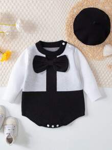 Baby Girl Two Tone Bow Front Knit Bodysuit & Hat - Black and White - View 1