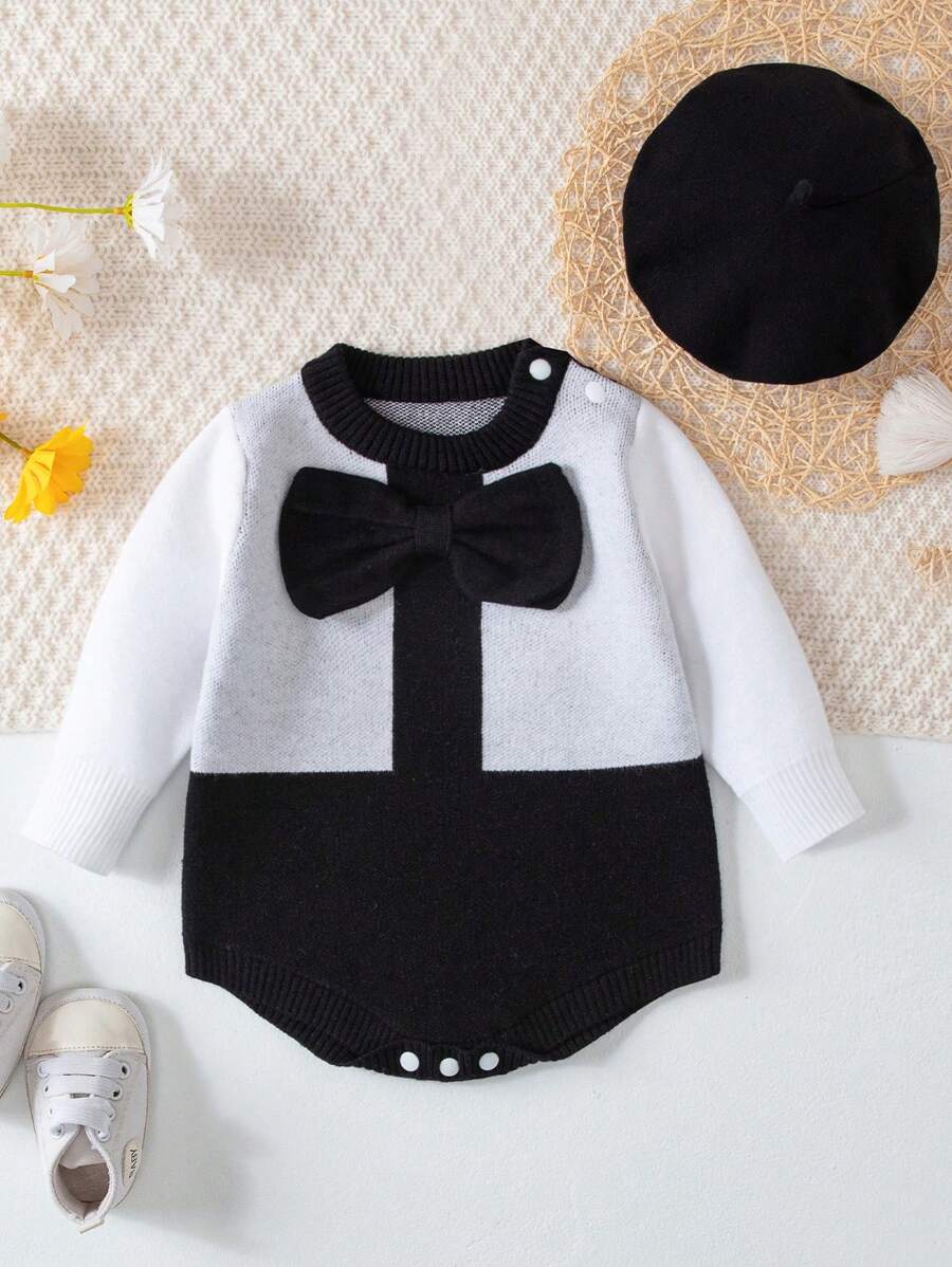 Baby Girl Two Tone Bow Front Knit Bodysuit & Hat - Black and White - View 1