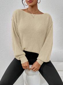 SHEIN LUNE Jersey de cuello barco de hombros caídos tejido de canalé - Beis - Ver 4