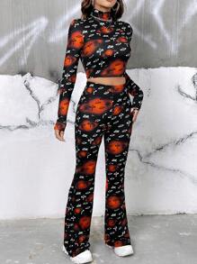 SHEIN EZwear Allover Print Mock Neck Crop Tee & Flare Leg Pants - Black - View 3