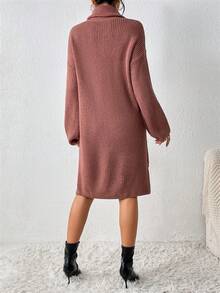 SHEIN Essnce Áo cao cổ Thả vai Viền chia cắt Đầm Áo len Không có thắt lưng - Cà phê nâu - Xem 2