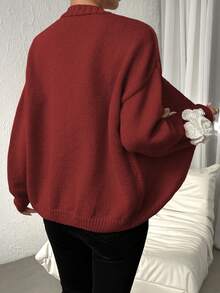 SHEIN Unity Hoa âm thanh nổi Thả vai Nút phía trước Áo len Mở - Màu Đỏ Sâu - Xem 2