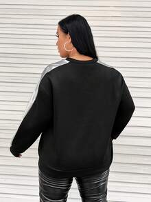 SHEIN EZwear 大碼字母圖案拼接側邊接縫落肩袖運動衫 - 黑色 - 查看 2