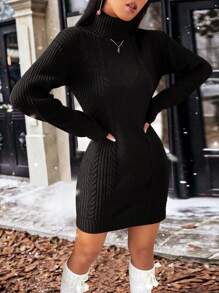Turtleneck Cable Knit Drop Shoulder Sweater Dress - Black - View 1