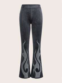 SHEIN ICON 水鑽火焰圖案喇叭褲 - 灰色 - 查看 1