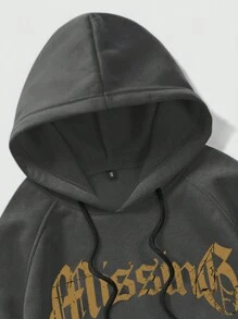 ROMWE MEN Goth Men Skeleton & Slogan Graphic Raglan Sleeve Drawstring Thermal Hoodie - Dark Grey - View 3