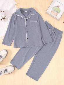 SHEIN Young Boy Contrast Piping Pocket Patched PJ Set - Blue - View 2