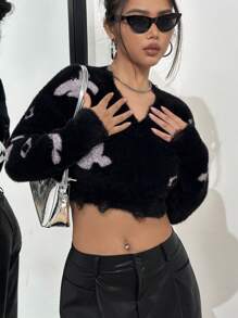 SHEIN Unity Butterfly Pattern Crop Fuzzy Knit Pullover Fall Winter Sweater - Black - View 5