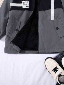 SHEIN Chàng trai trẻ Chi tiết Patched thư Khối màu Lót Teddy Áo trùm đầu - Xám - Xem 4