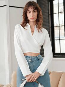 Surplice cổ Áo sơ mi Crop - Màu be - Xem 1