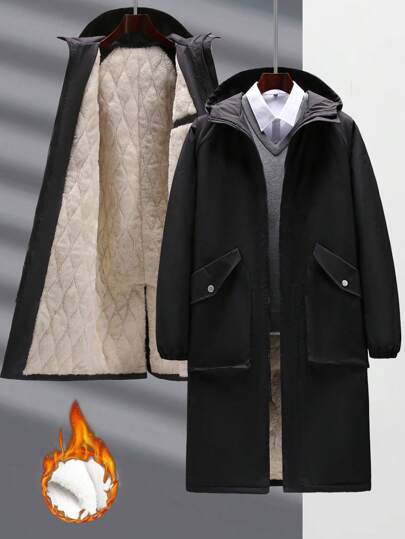 Manfinity Homme 1pc Loose Fit Men's Flap Pocket Thermal Lined Hooded Padded Coat, Fall/Winter