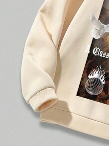 ROMWE MEN Street Life 男士字母及數字圖形袋鼠口袋束口保暖連帽衫 - 卡其色 - 查看 4