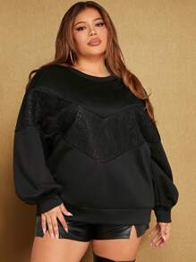SHEIN SXY Plus Contrast Lace Drop Shoulder Sweatshirt - Black - View 4