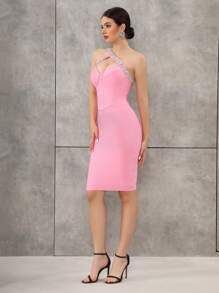 Modphy Black Rhinestone Sexy Bandage Bodycon Dress, Holiday Party Dress - Pink - View 4