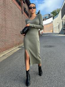 DAZY 罗纹针织开衩大腿毛衣裙，秋季女装 - 橄欖綠 - 查看 6