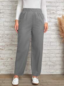 SHEIN LUNE Pantalones unicolor con bolsillo oblicuo - Gris Oscuro - Ver 4