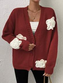 SHEIN Unity Hoa âm thanh nổi Thả vai Nút phía trước Áo len Mở - Màu Đỏ Sâu - Xem 3