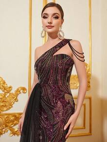 Faeriesty Váy dự tiệc sequin xếp ly một bên vai có chi tiết xích - màu đen - Xem 7