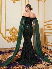 Faeriesty Off Shoulder Cloak Sleeve Sequin Mermaid Hem Formal Dress - Dark Green - View 3