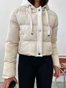 EURMUSE Solid Zip Up Snap Button Hooded Puffer Coat - Apricot - View 3