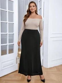 SHEIN Privé Talla grande Falda de talle alto unicolor - Negro - Ver 6