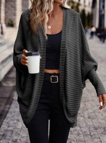 SHEIN Frenchy Abrigo de manga murciélago con parte delantera abierta - Blanco y Negro - Ver 1