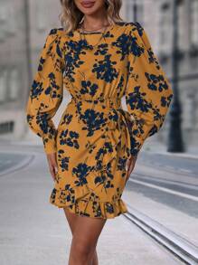 SHEIN Clasi Vestido bajo cruzado con estampado floral con nudo lateral ribete con fruncido - Multicolor - Ver 6