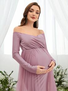 Vestido elegante para embarazadas con superposición de malla y hombros descubiertos, para fiestas - Rosa vieja - Ver 5