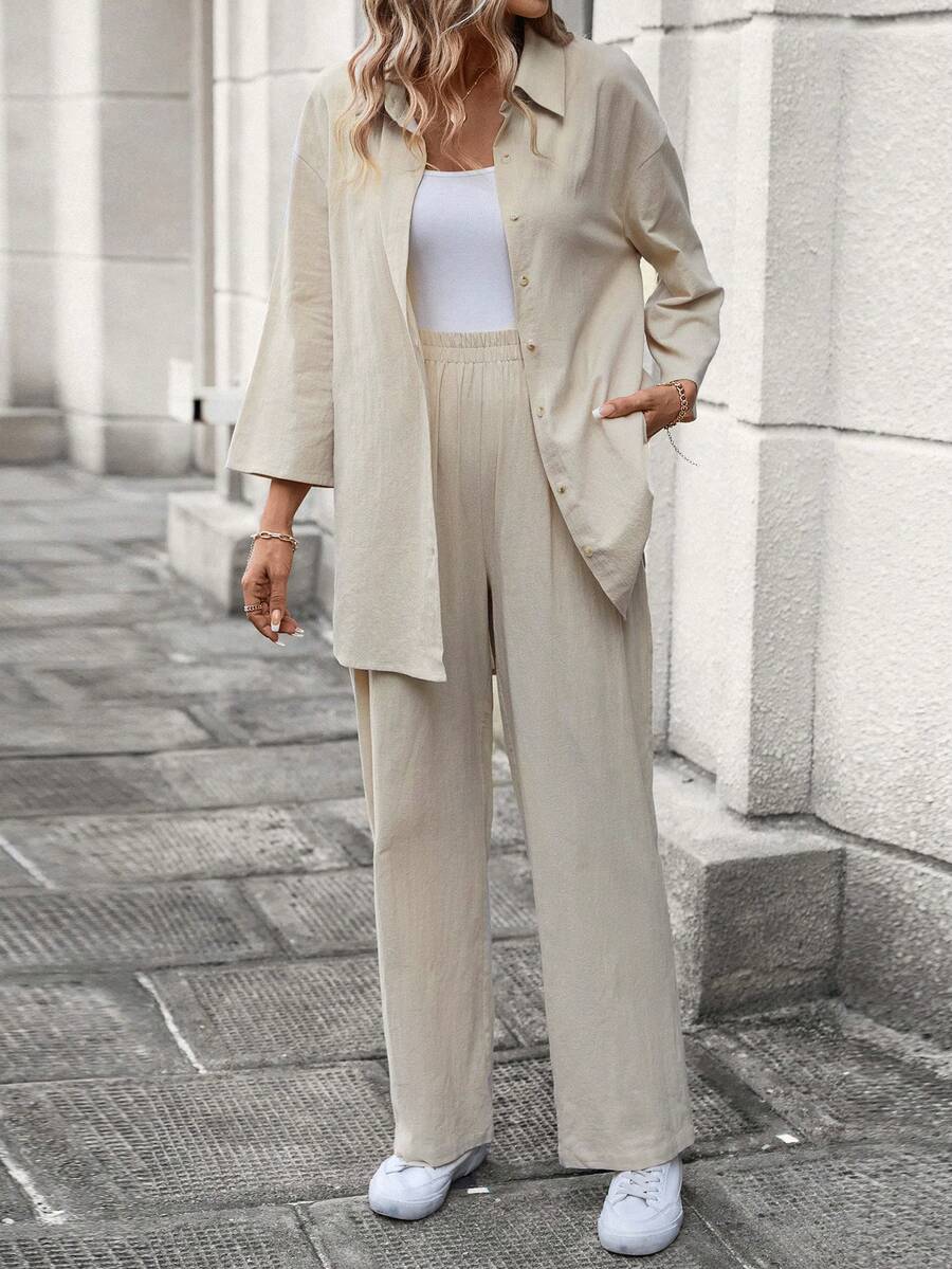 SHEIN LUNE Drop Shoulder Shirt & Pants - Apricot - View 1