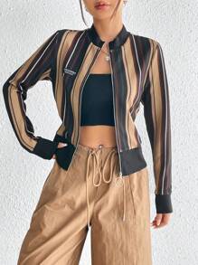 SHEIN EZwear In sọc Chi tiết Patched thư Dây kéo Áo thun - màu đen - Xem 1