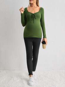 SHEIN Maternity Sweetheart Neck Drawstring Front Tee - Army Green - View 3