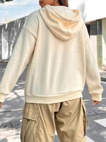 Flirla Plus Letter & Cartoon Graphic Kangaroo Pocket Drop Shoulder Drawstring Hoodie - Apricot - View 2